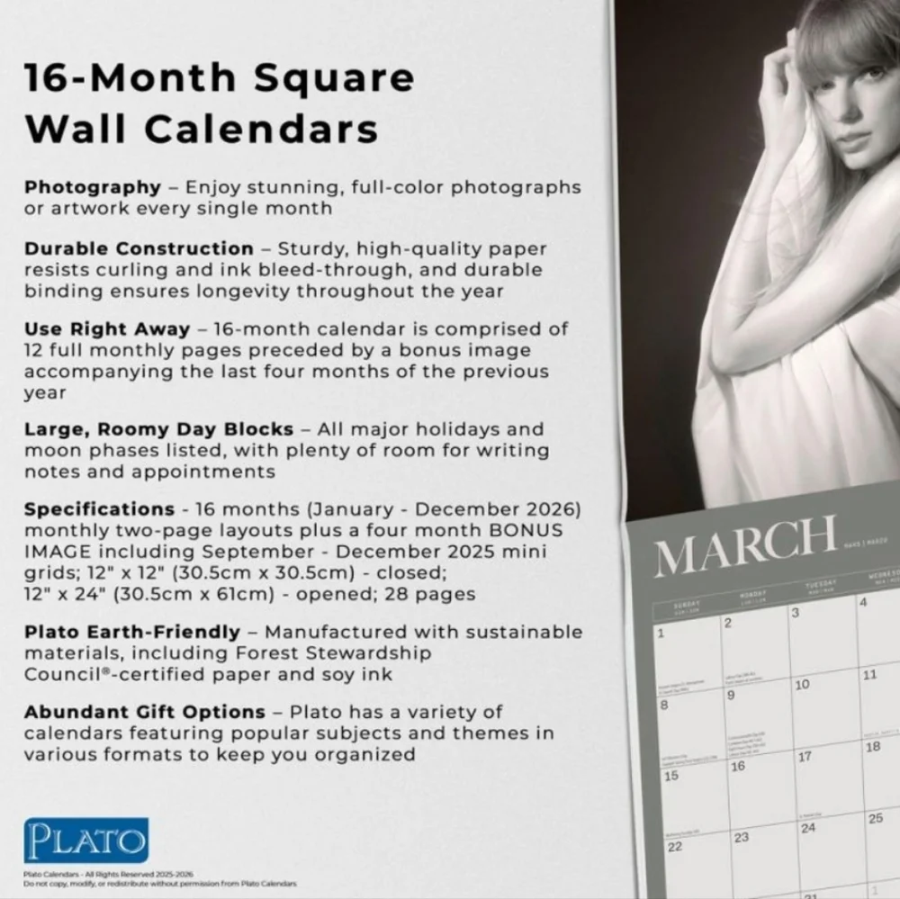 Taylor Swift Official‎ 2026 12 X 24 Inch (Hanging) Monthly Square Wall Calendar
